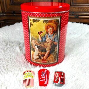 NWOT Set of 4 Vintage Coca-Cola Boys of Summer Round Tin + Refreshment Magnets